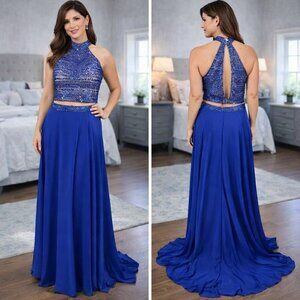 2 Cute Blue Beaded Two Piece Formal Gown $448